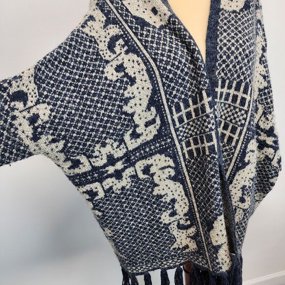 En Ceme Fringe Cardigan Poncho Sweater Size M Relaxed Fit Blue Long Sleeve Boho - Picture 7 of 16